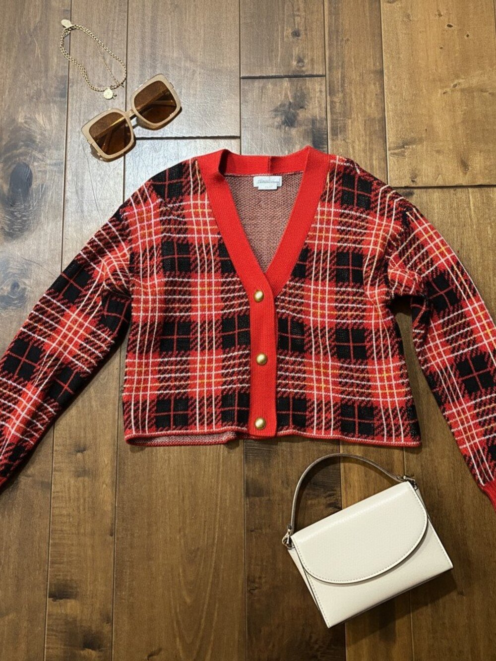 Lovers + Friends Brantley Cropped Plaid Cardigan XS — Red/Black Gold Buttons - Picture 5 of 14